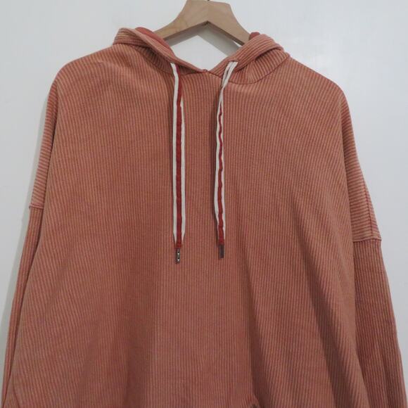 Aerie Women Sz XXL Orange Salmon Ribbed Drawstring Hoodie Boxy Cotton Sweatshirt - Picture 3 of 5